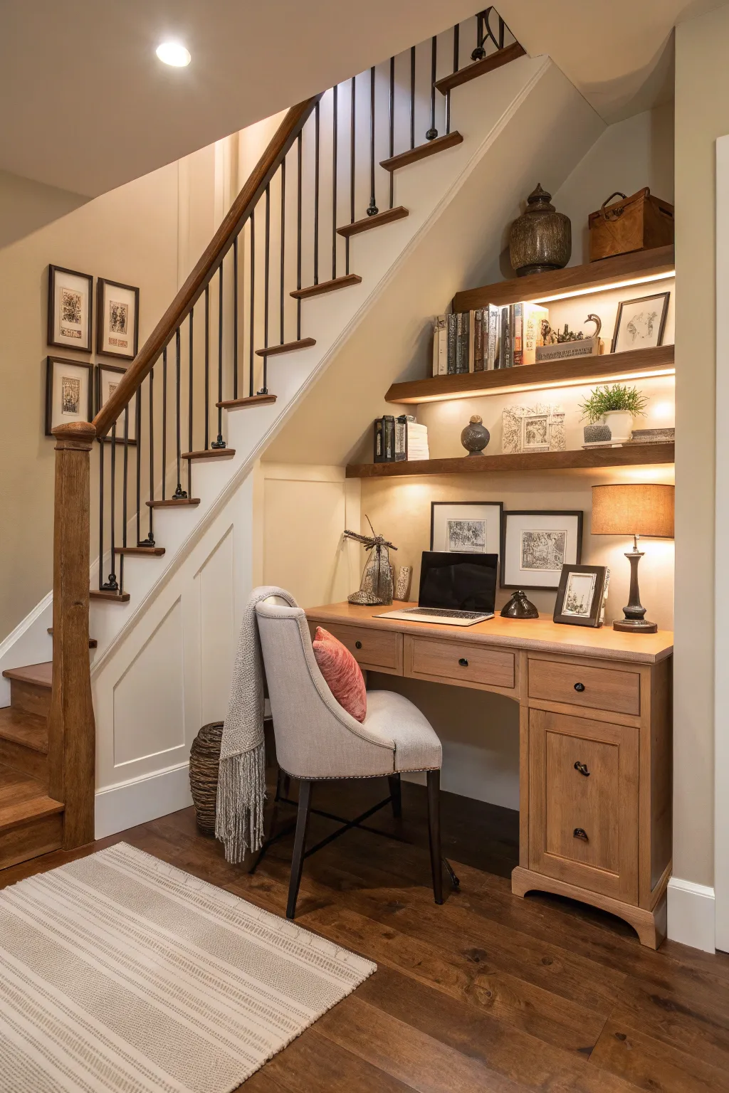 Maximize your productivity with a chic home office under the stairs. 💻 #HomeOffice #Workspace