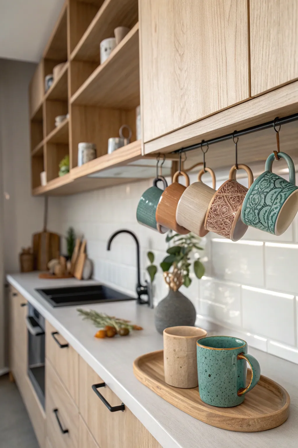 Effortless elegance: Save space and elevate your kitchen's style with artfully displayed hanging mugs.