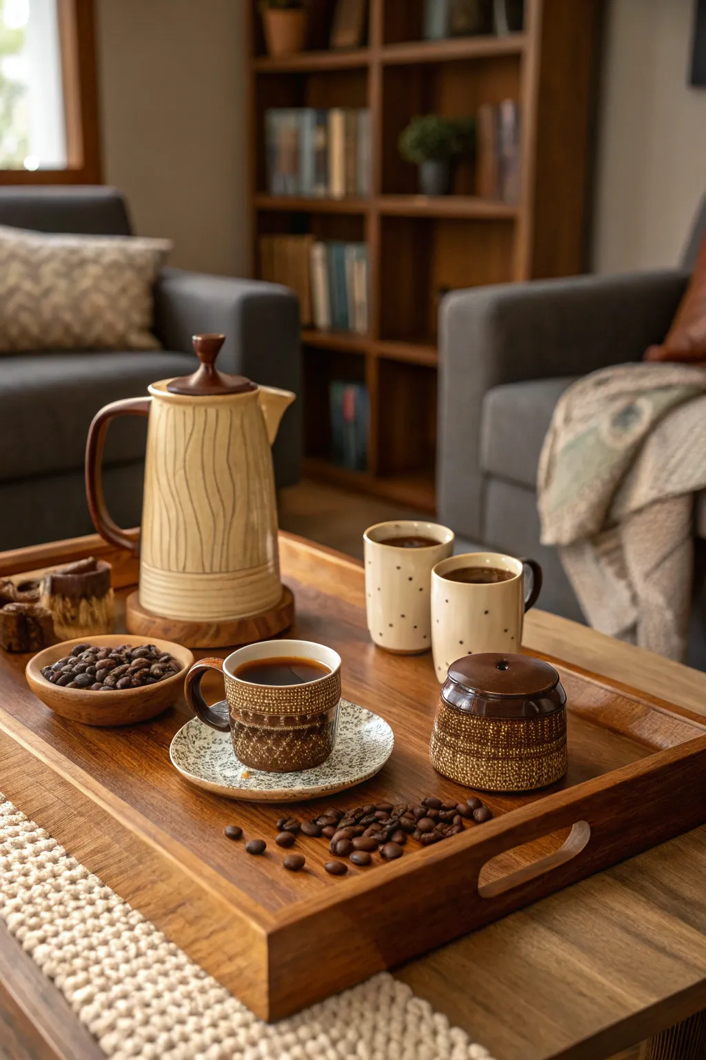 A living room corner featuring warm earthy-toned coffee decor.