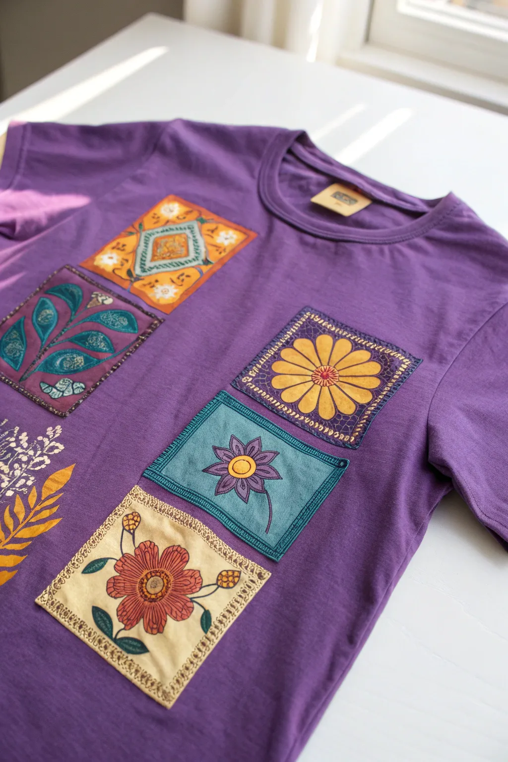 Transform your purple tee with vintage patches for a chic retro vibe!