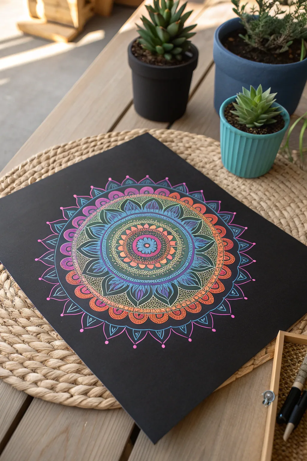 Dive into a world of color and tranquility with intricately crafted mandalas. Let your creativity soar as every hue dances on black paper.