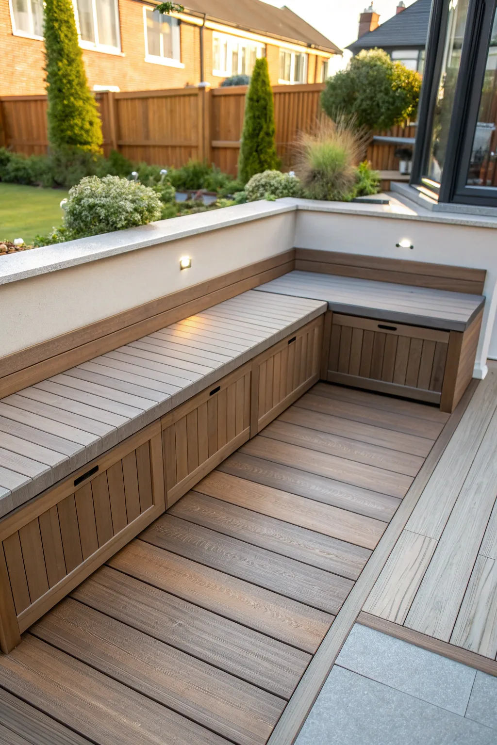 Transform your deck into a cozy retreat with bespoke built-in seating that doubles as edge trim and storage.