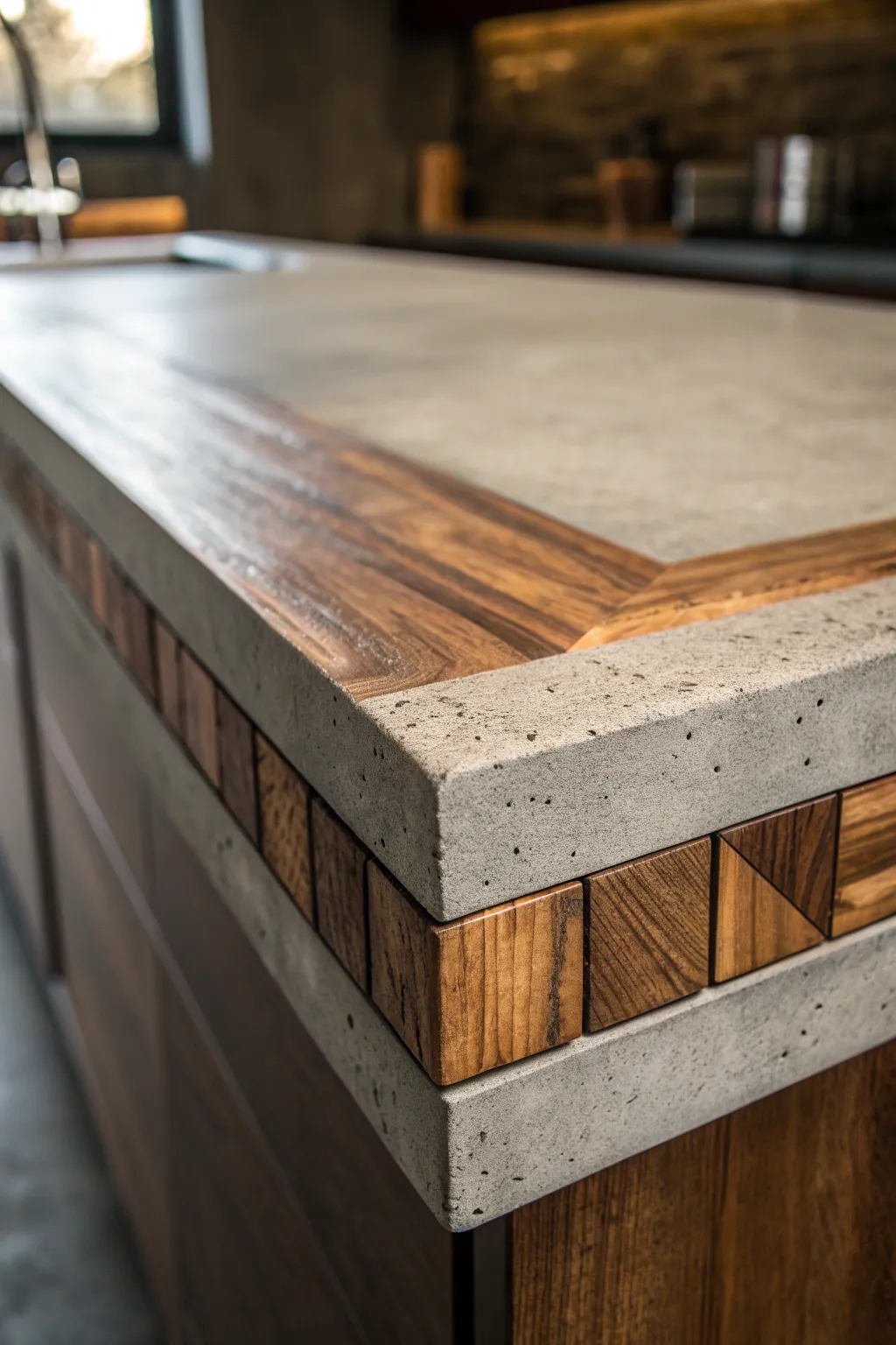 Master the art of contrast with a concrete countertop featuring exquisite wooden inlays.