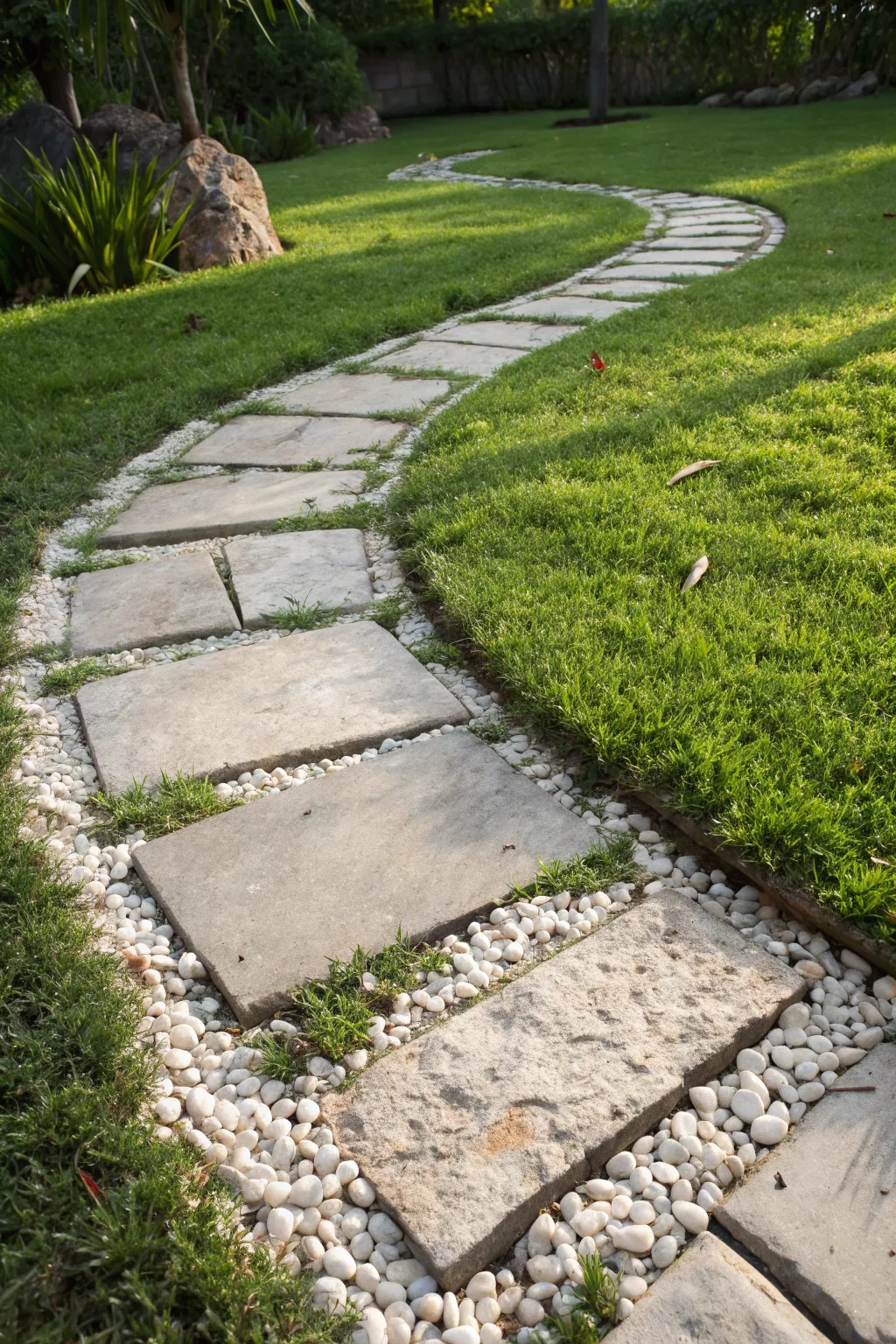 Elevate your outdoor space with a textured path of concrete, grass, and gravel.
