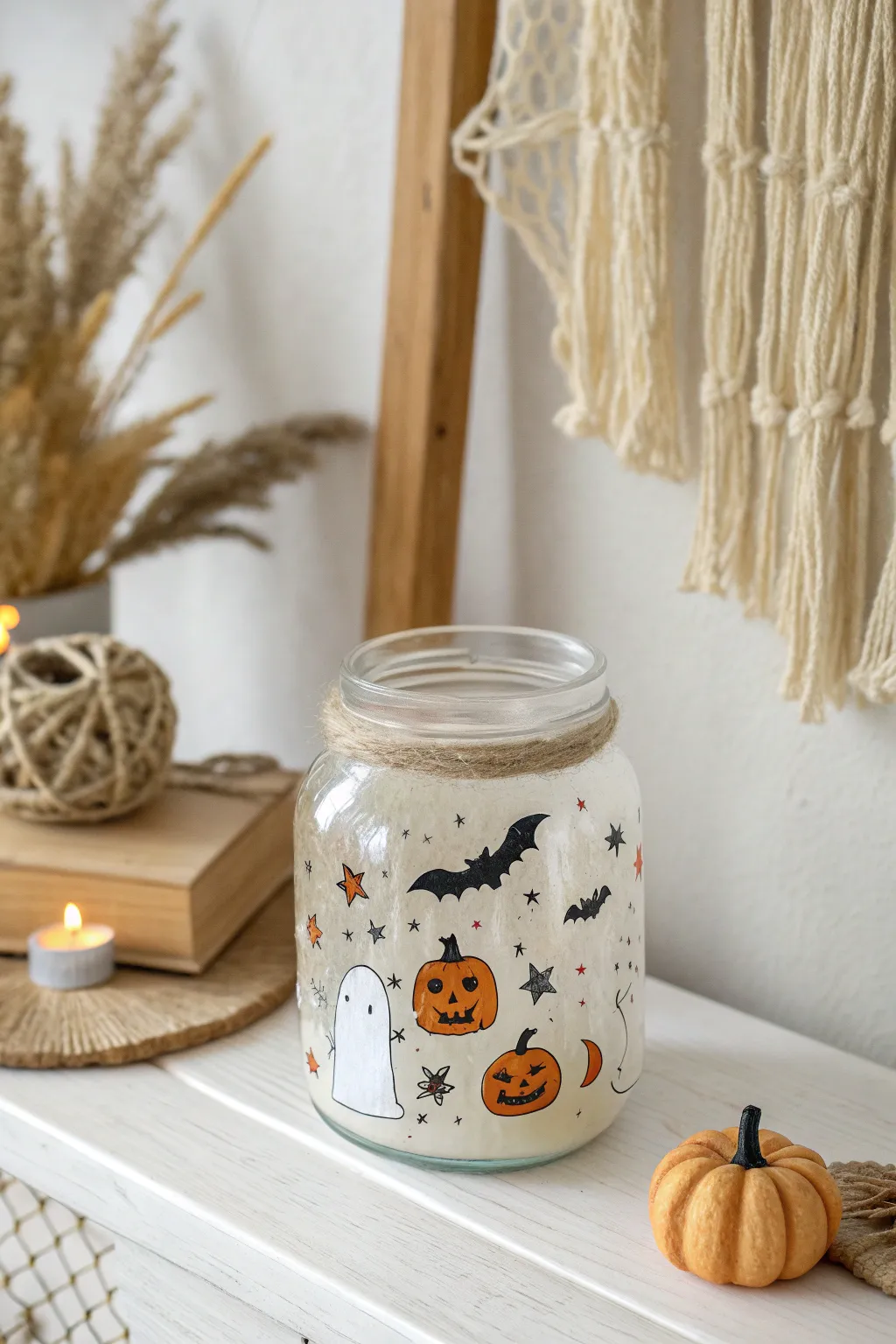 Elevate your monthly theme with a charming October jar that combines minimalist elegance with playful spooky motifs.