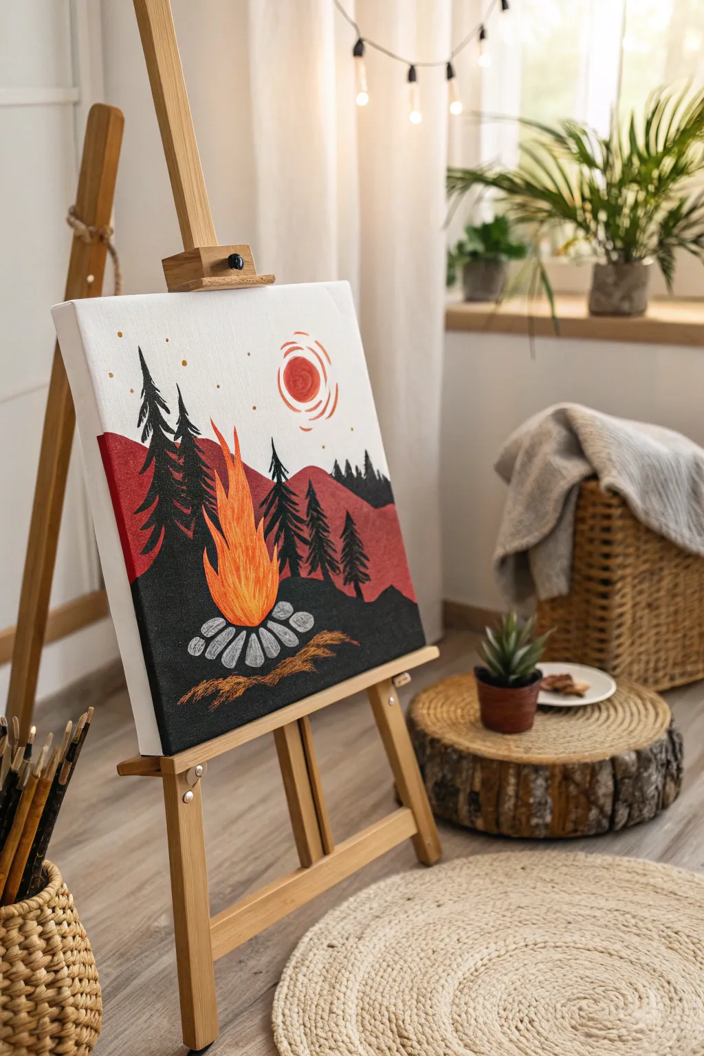 Embrace the warmth of cozy nights with this minimalist campfire painting. Perfect for a touch of color and charm in any space.