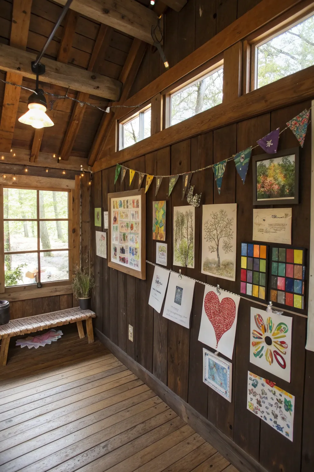 Transform your treehouse into a creative haven with an art display wall that celebrates craftsmanship and personal expression.