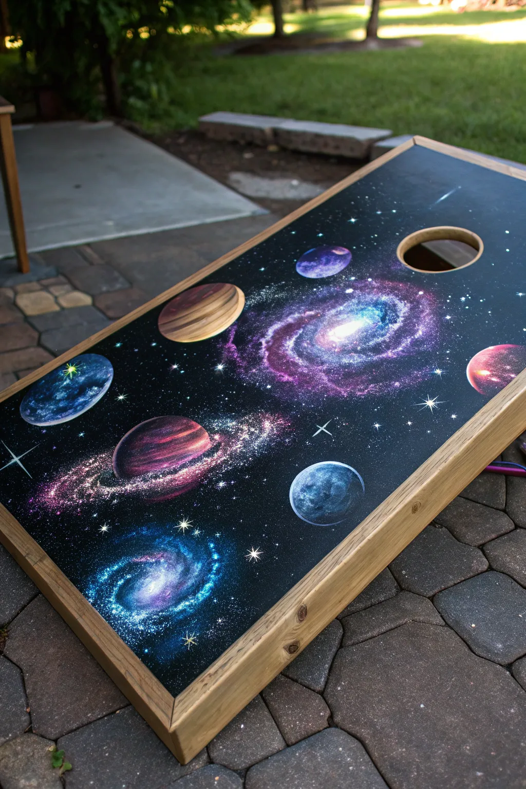 Embark on a cosmic adventure with this galaxy-themed cornhole board, where artistry meets craftsmanship.