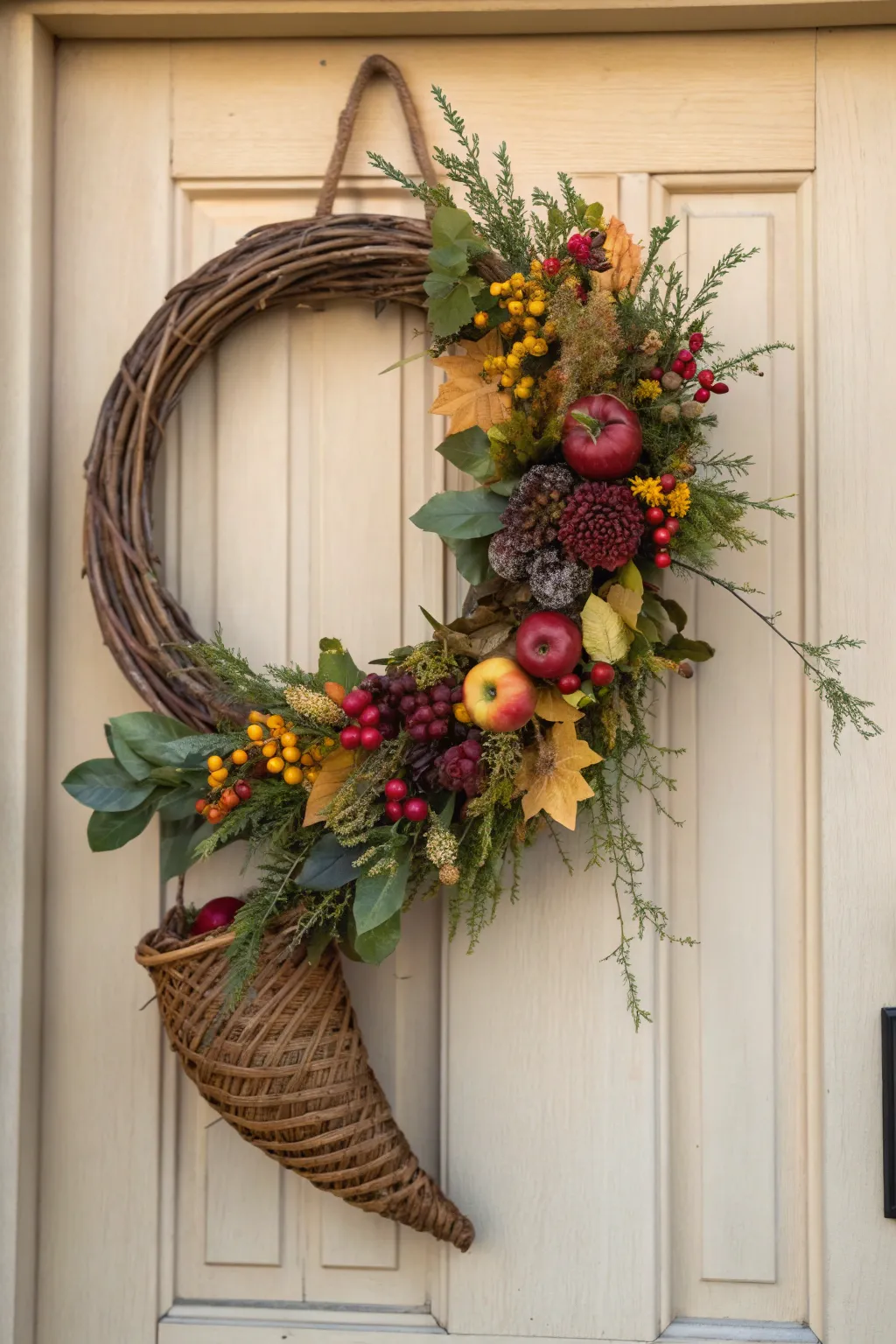 Elevate your door decor with this elegant Cornucopia Wreath, where minimalist design meets vibrant autumn hues.
