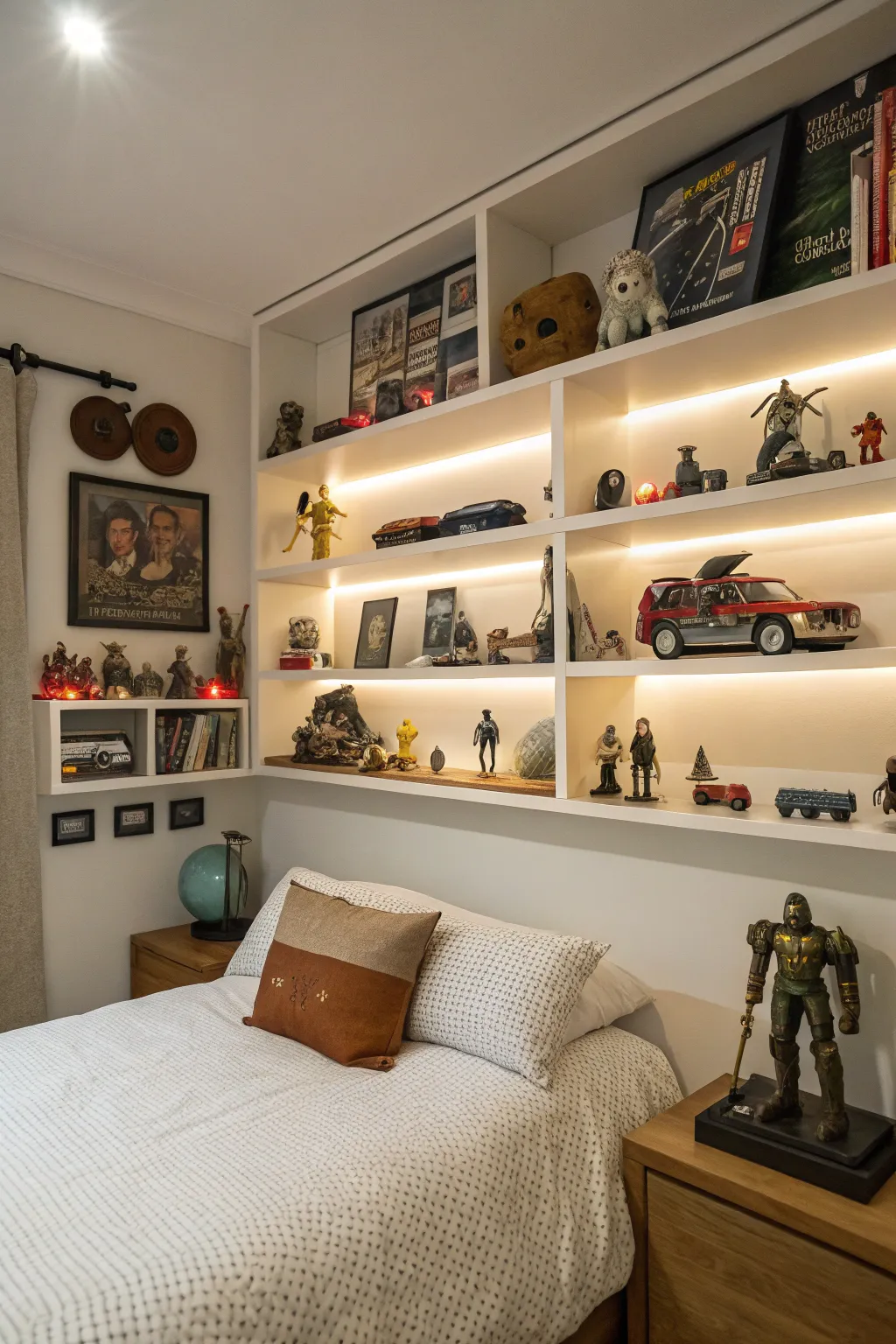 Custom shelves beautifully showcase collectibles and figures in the bedroom.