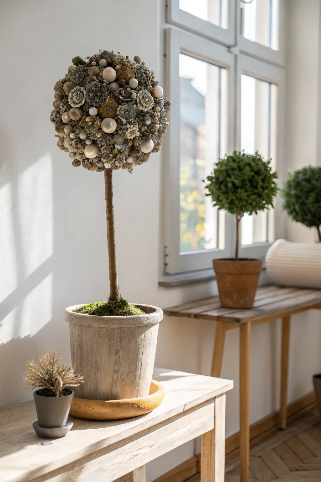 Add a touch of sparkle and creativity to your entryway with a vintage brooch topiary masterpiece.