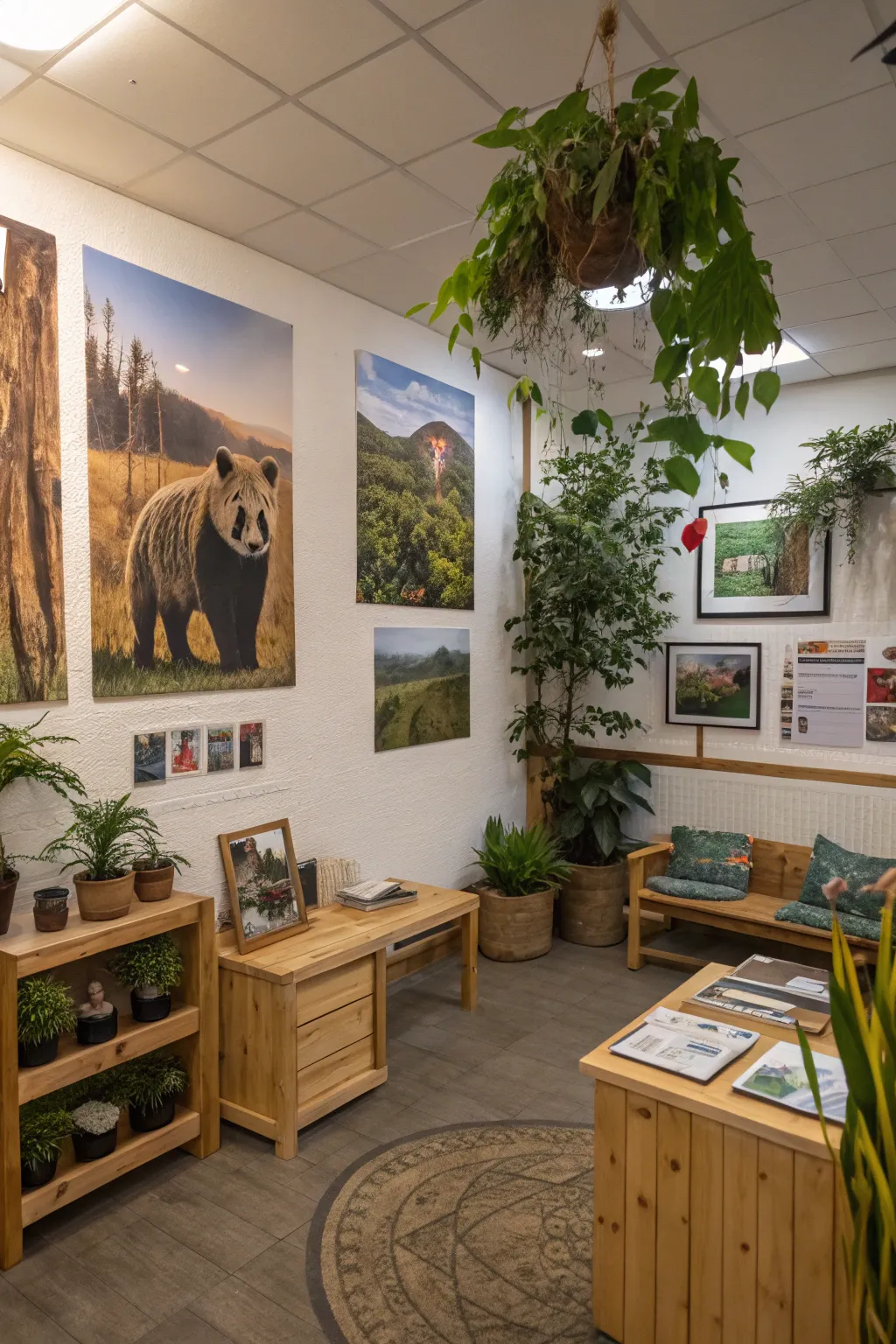 Wildlife art posters creating a serene atmosphere.