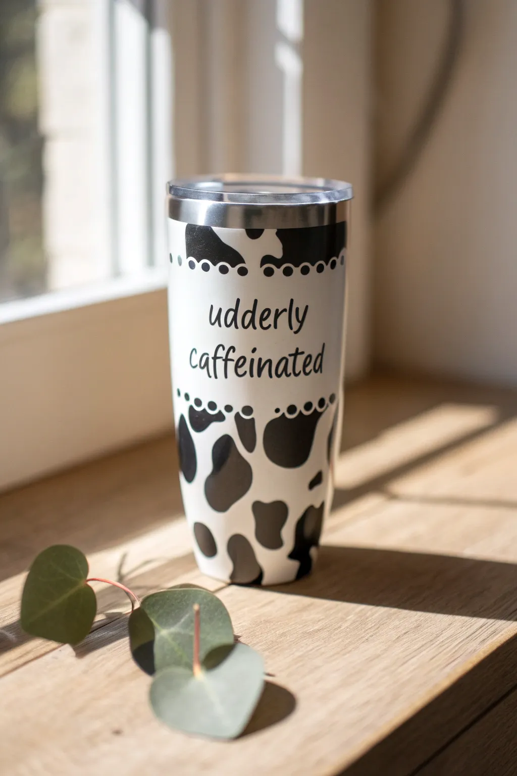 Start your day with a smile and a sip from your 'Udderly Caffeinated' tumbler.