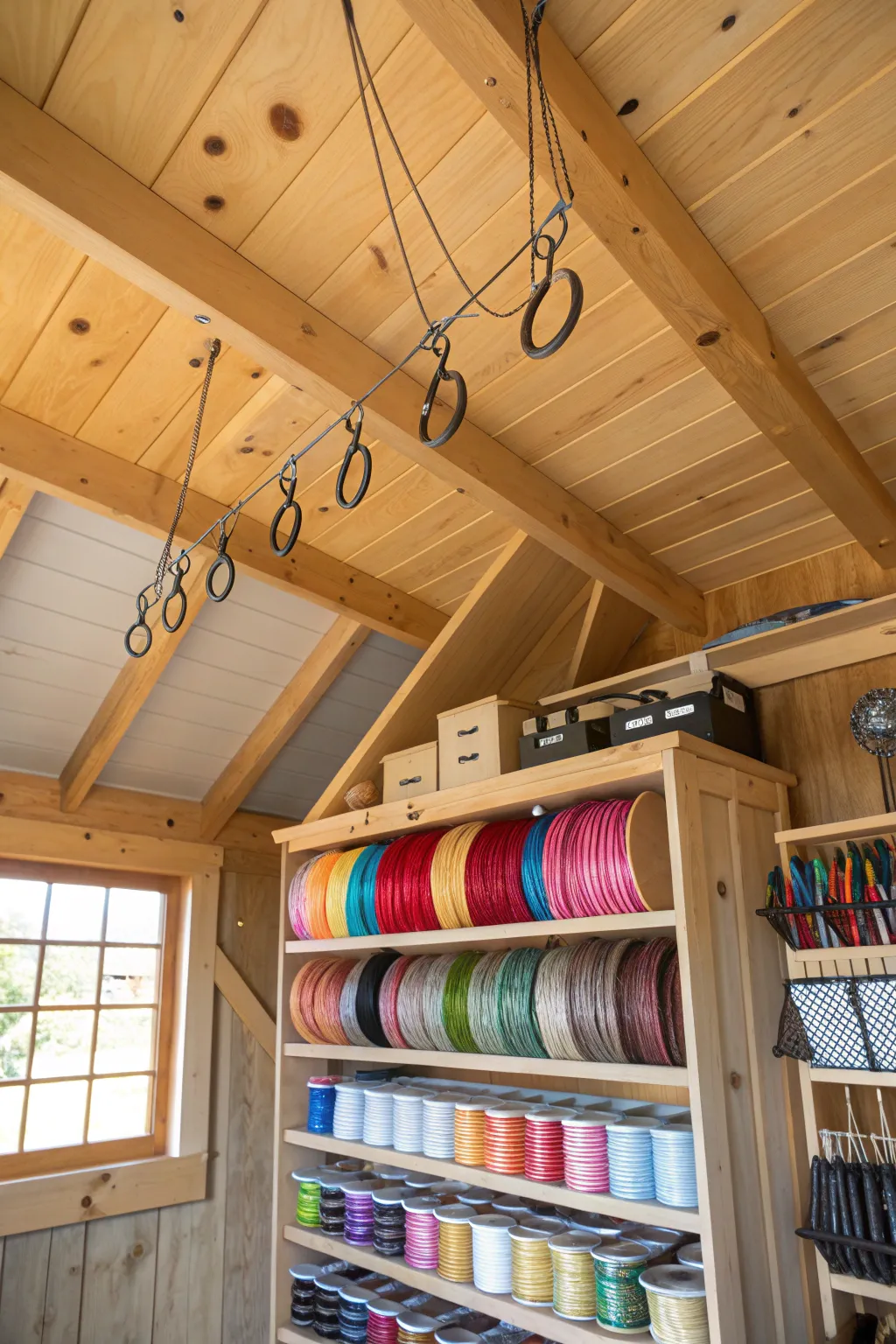 Maximize your craft shed's potential by utilizing every inch, including the ceiling, for stylish and efficient storage!