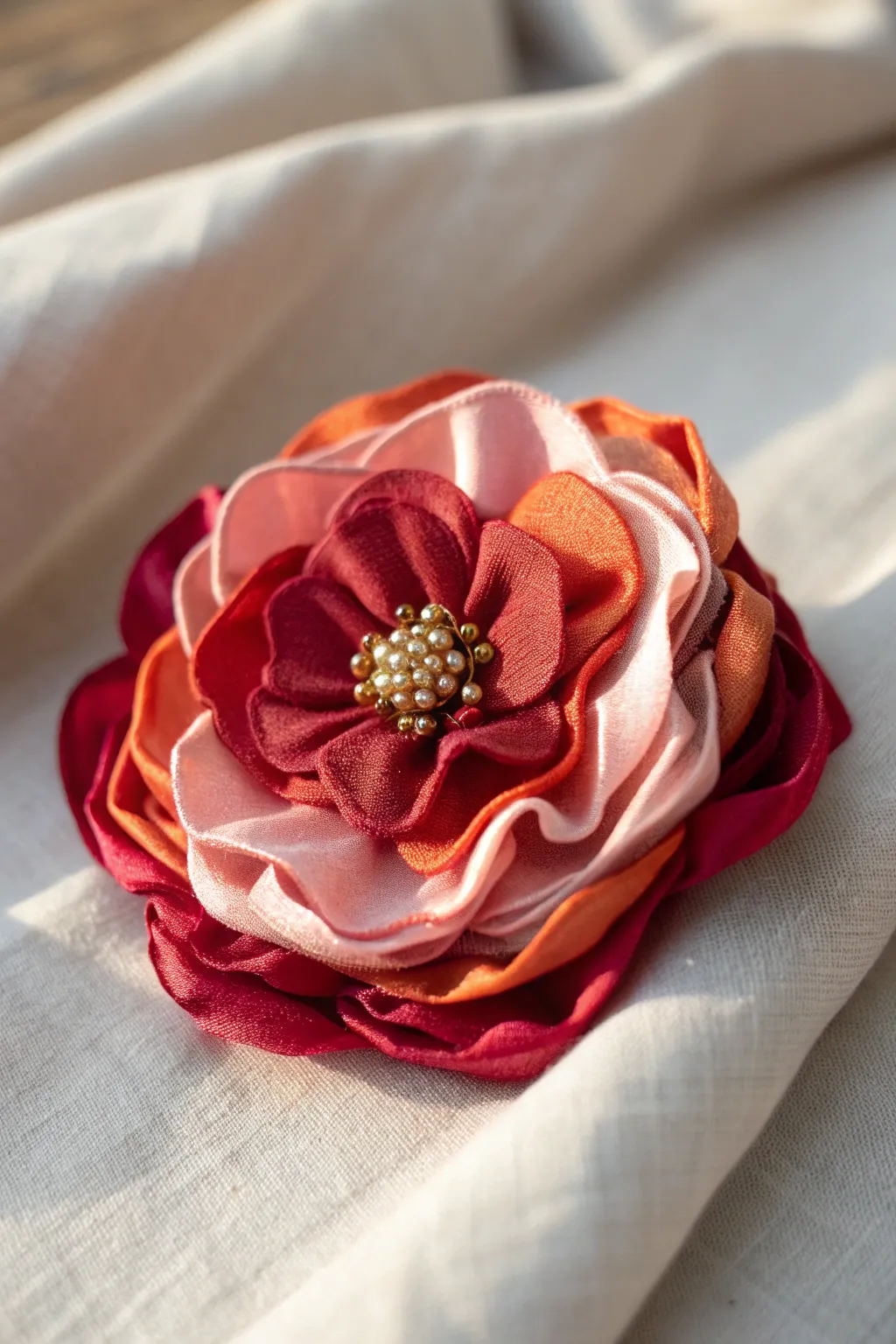 Elegance in Simplicity: Handcrafted fabric flower corsage, a perfect blend of bold colors and minimalistic charm.
