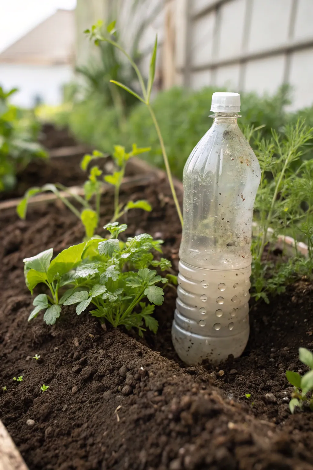 Repurpose with style: a simple yet elegant garden watering solution from a plastic bottle.