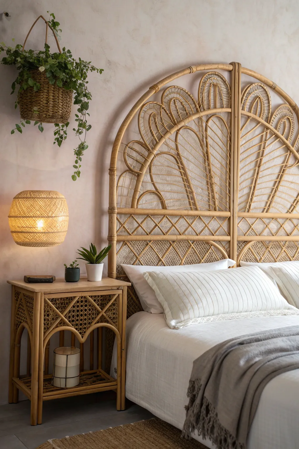 Transform your bedroom into a tropical paradise with a stunning bamboo headboard that exudes natural beauty and minimalist elegance.