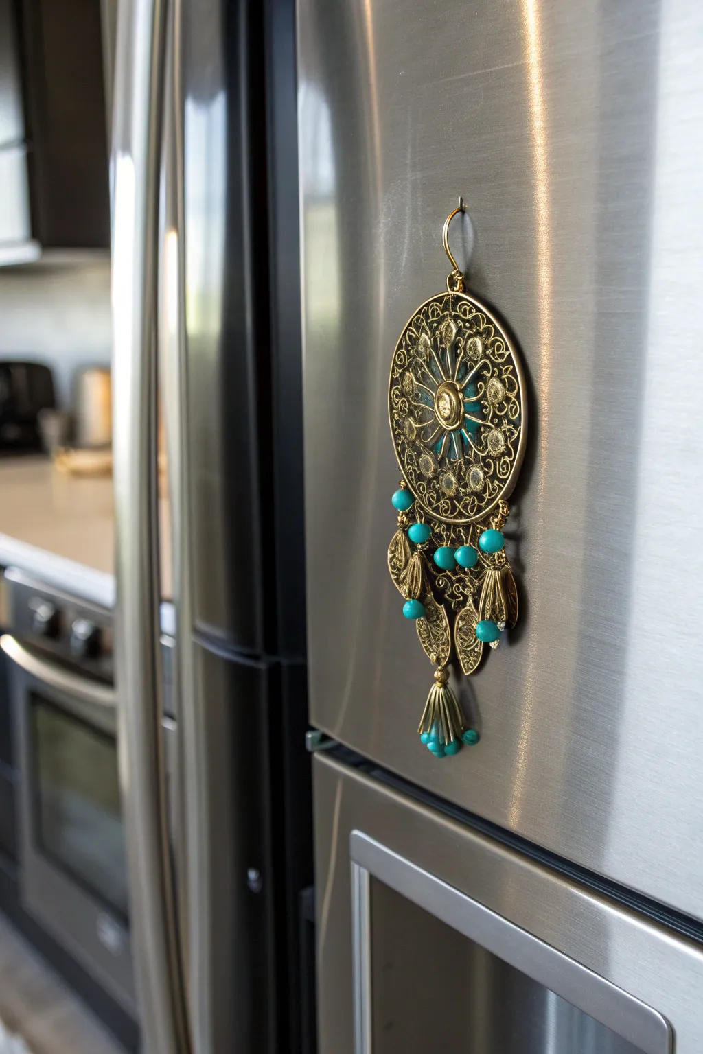 Transform your fridge with bespoke magnets crafted from vintage jewelry, merging elegance with creativity.
