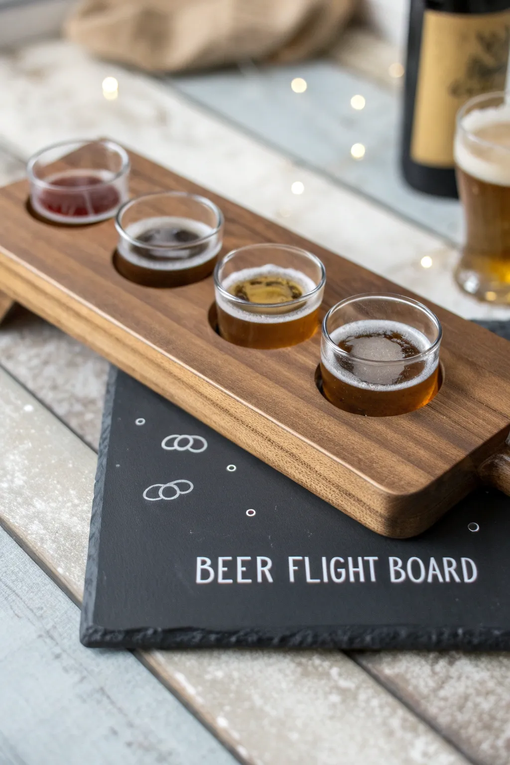 Elevate your beer tasting experience with customizable chalkboard strips on a handcrafted flight board.
