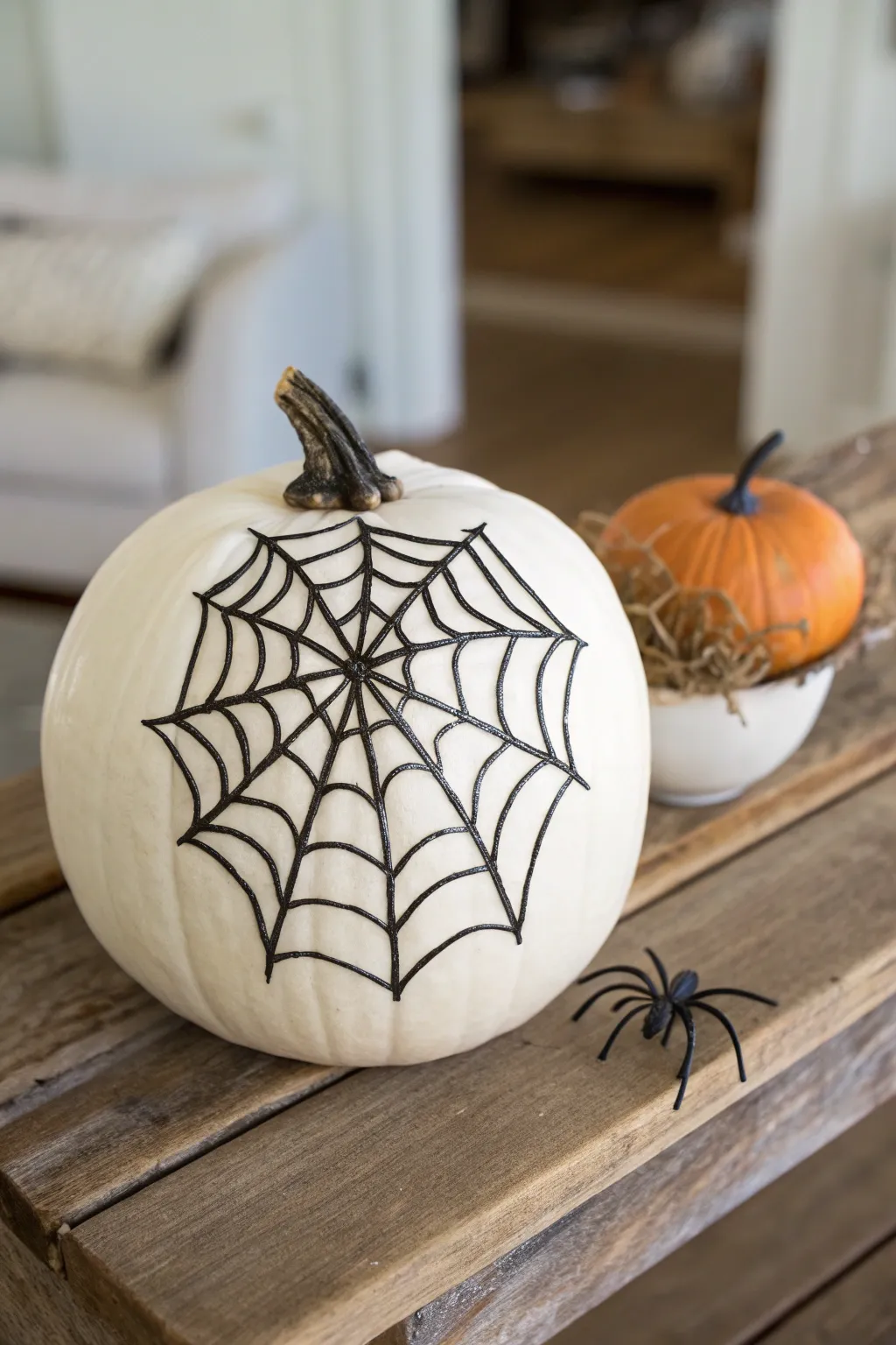 Embrace the art of minimalist Halloween decor with this chic spider web pumpkin design.