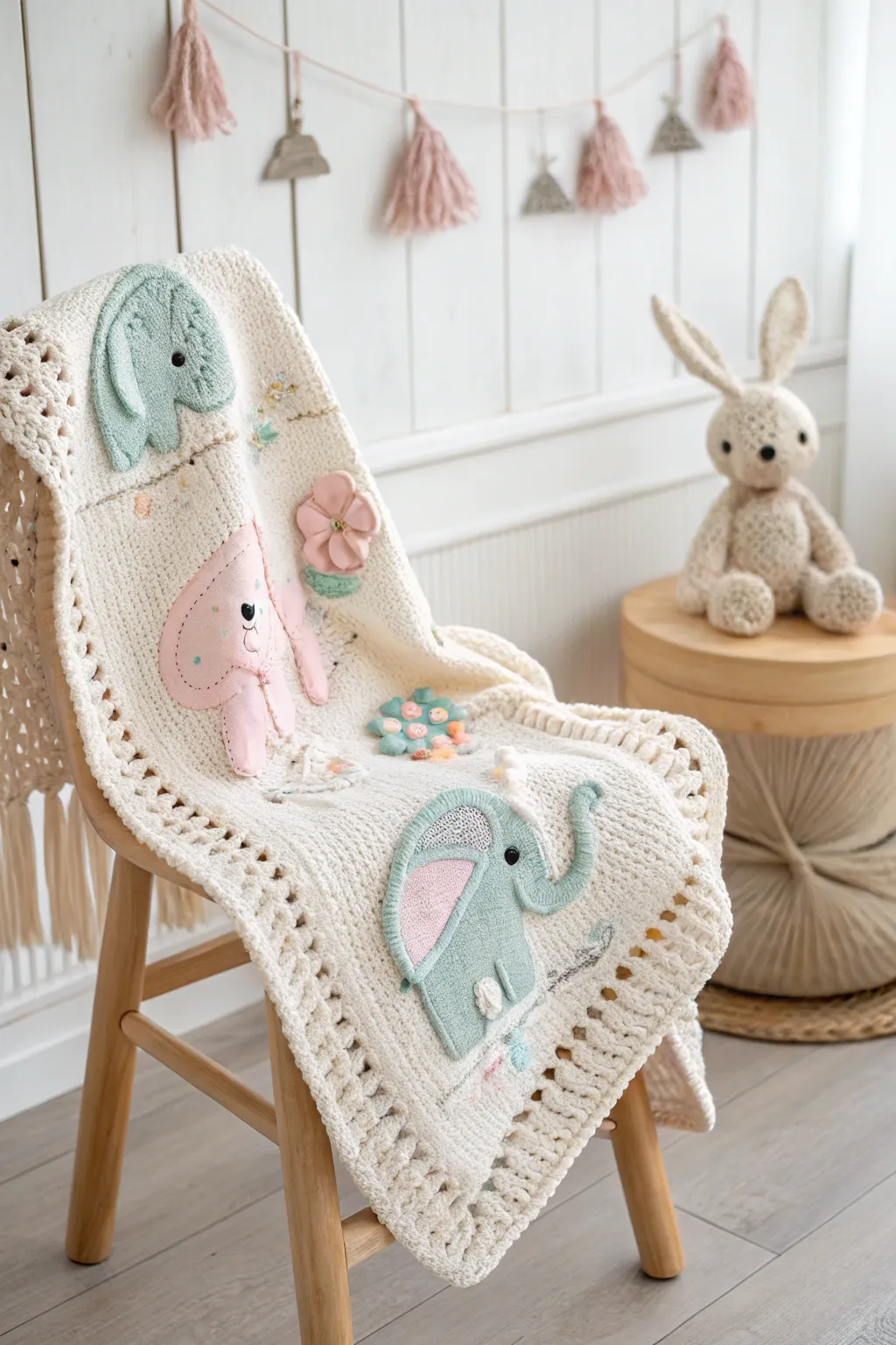 Add a touch of whimsy to your nursery with charming animal appliques on a handcrafted baby blanket. 🐰🐘✨