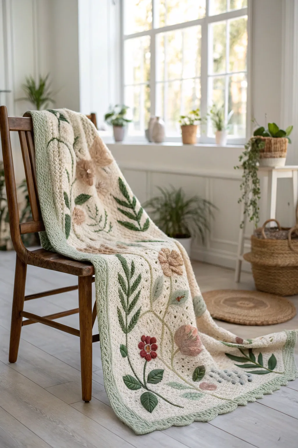 Embrace nature indoors with a beautifully crafted crochet blanket featuring delicate leaf and flower motifs. #CozyCrafts #ScandiBoho #NaturalBeauty