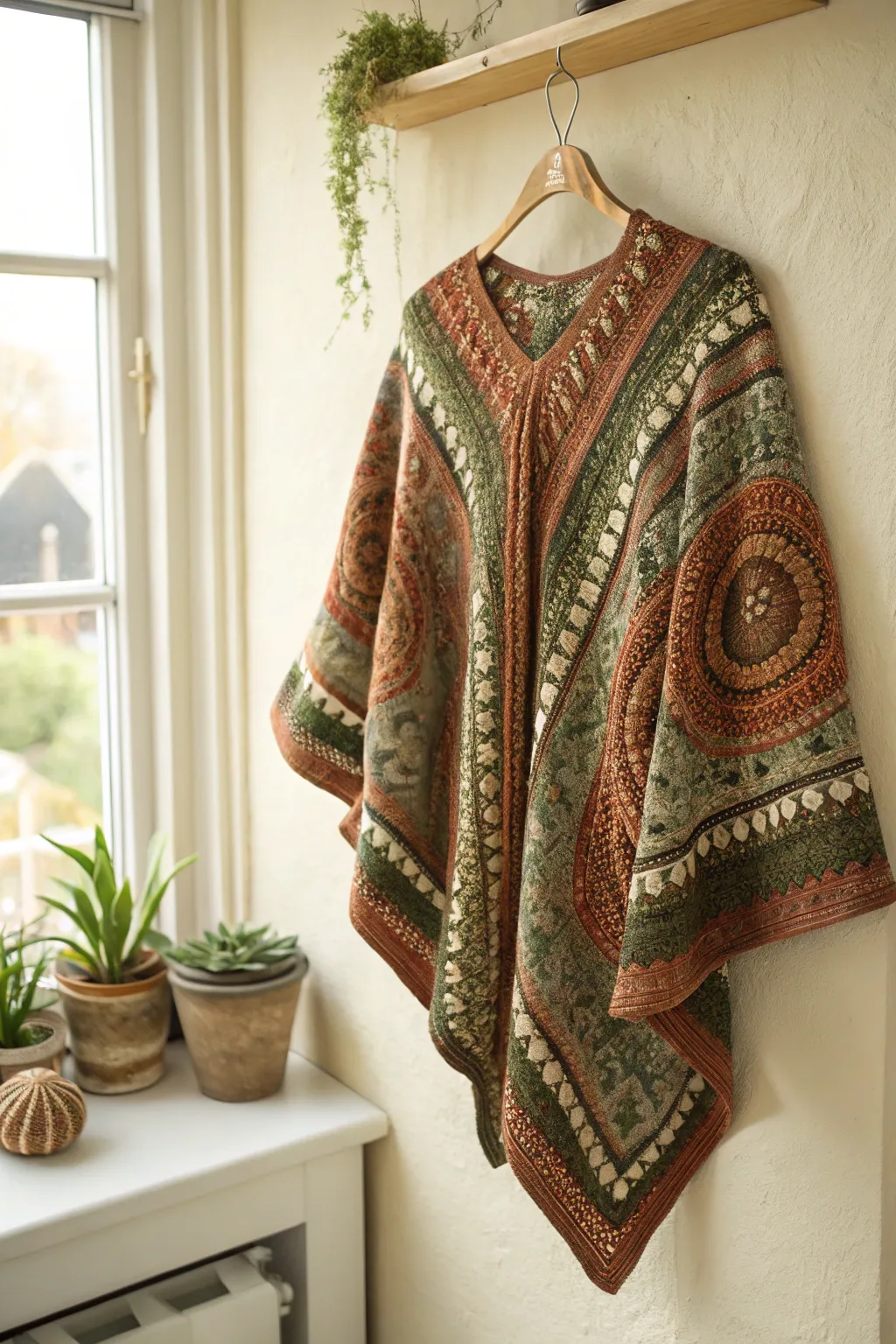 Embrace warmth and style with this earthy-toned crochet poncho, a perfect blend of boho charm and minimalist elegance.