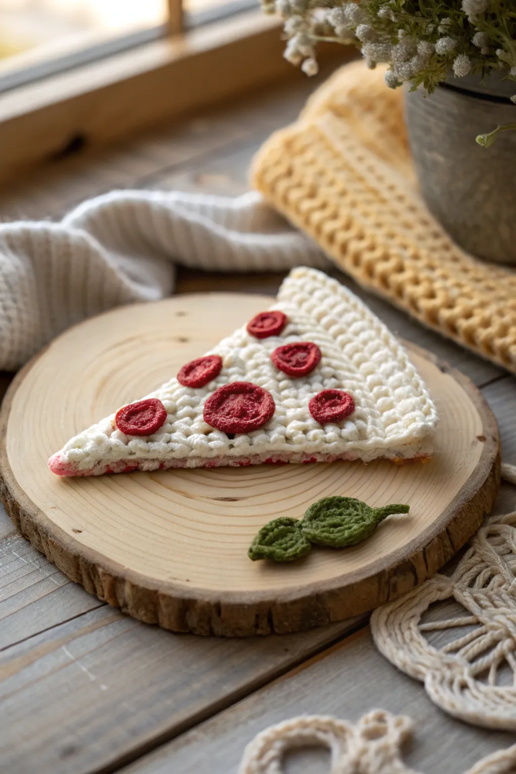 Add a touch of whimsy to your kitchen with charming crochet pizza slices, where minimalism meets playful artistry.