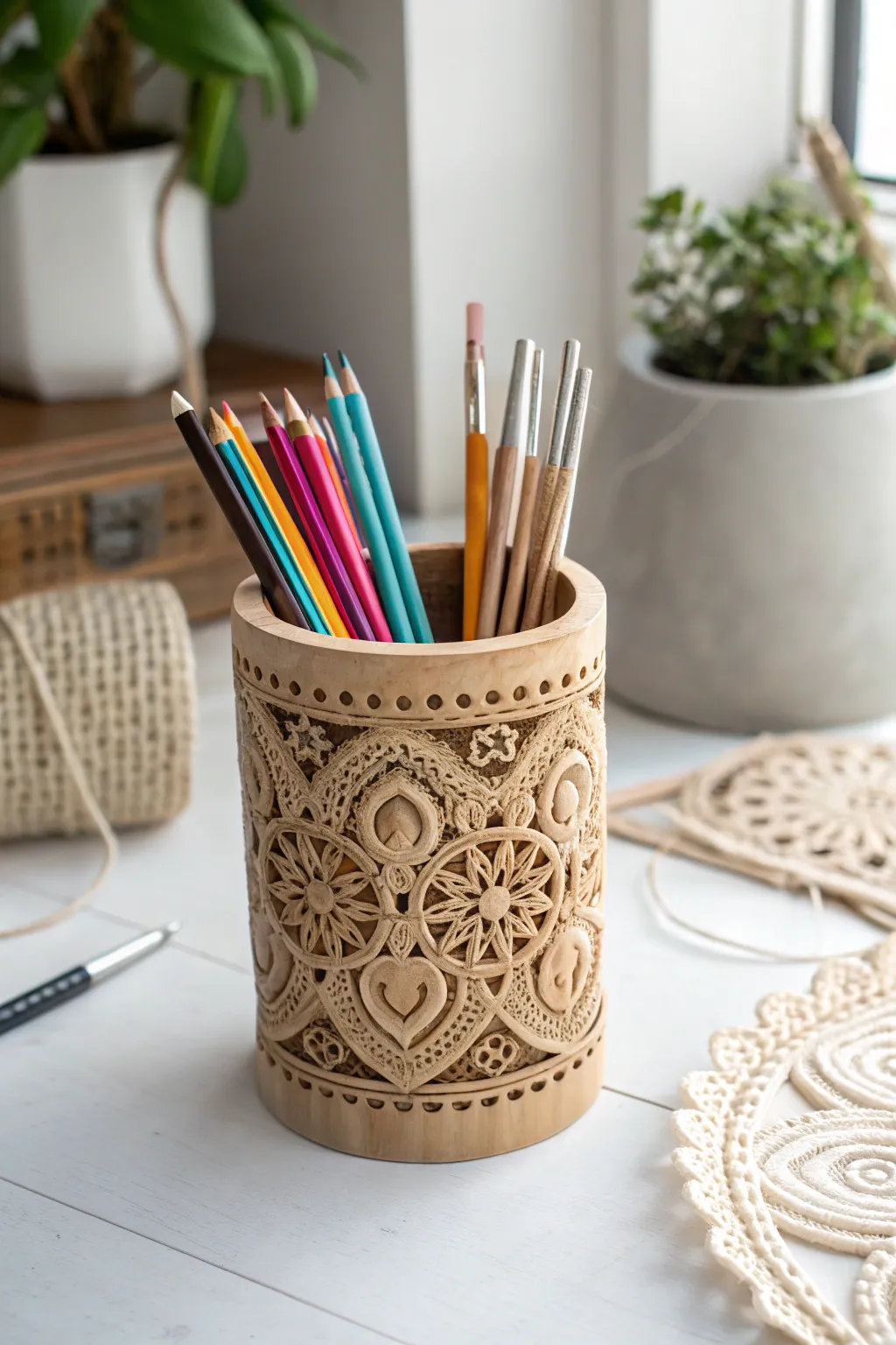 Elevate your crafting space with this stunning crochet hook holder that marries functionality with artistic flair.