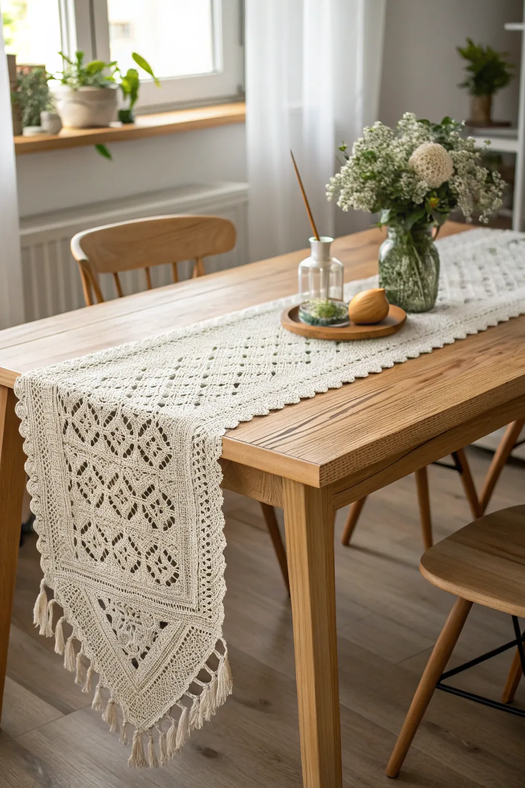 Transform your dining experience with the elegance of a delicate crochet table runner.