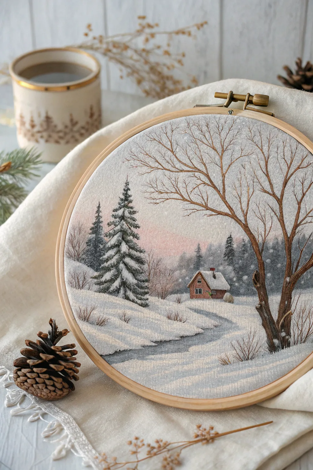 Embrace the cozy charm of winter with this serene cross stitch landscape.