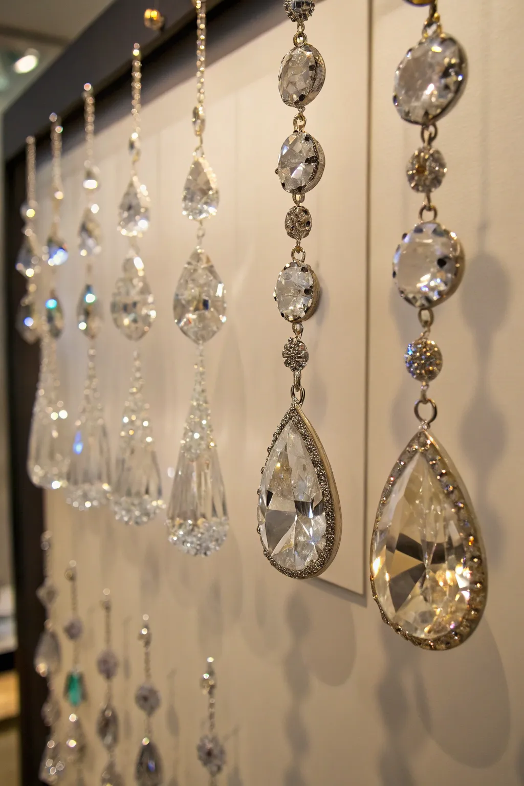 A hanging wall display showcasing a beautiful arrangement of crystals.