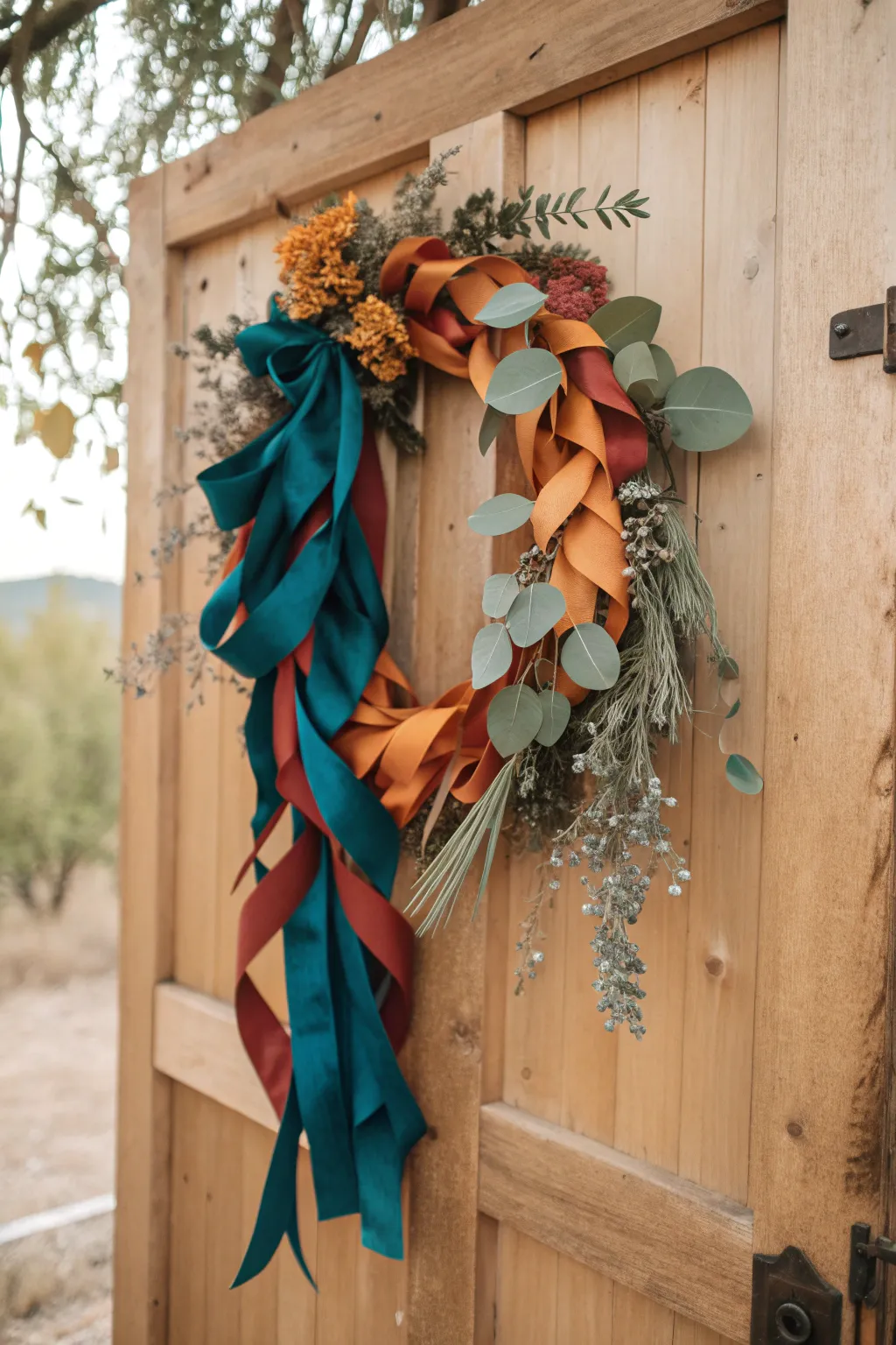Add a pop of color and texture to your wreath with stunning curling ribbons for a unique door display.