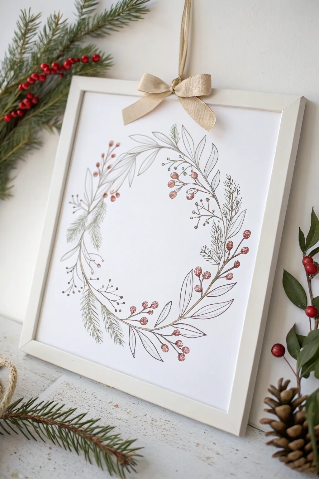 Embrace the beauty of simplicity with this hand-drawn festive wreath, perfect for adding a touch of holiday cheer to your minimalist decor.