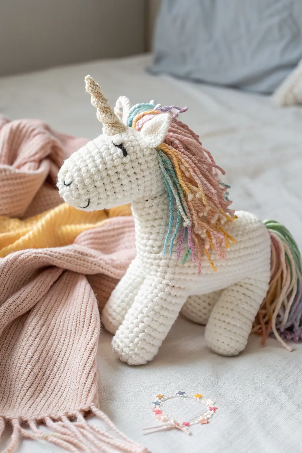 Enchant your space with this whimsical crochet unicorn, a masterpiece of minimalist charm and colorful magic.