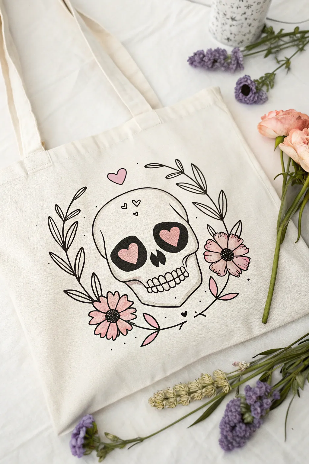 Adorably spooky with a boho twist! This cute skull doodle with heart-shaped eyes is perfect for adding a touch of whimsy to your Halloween decor.