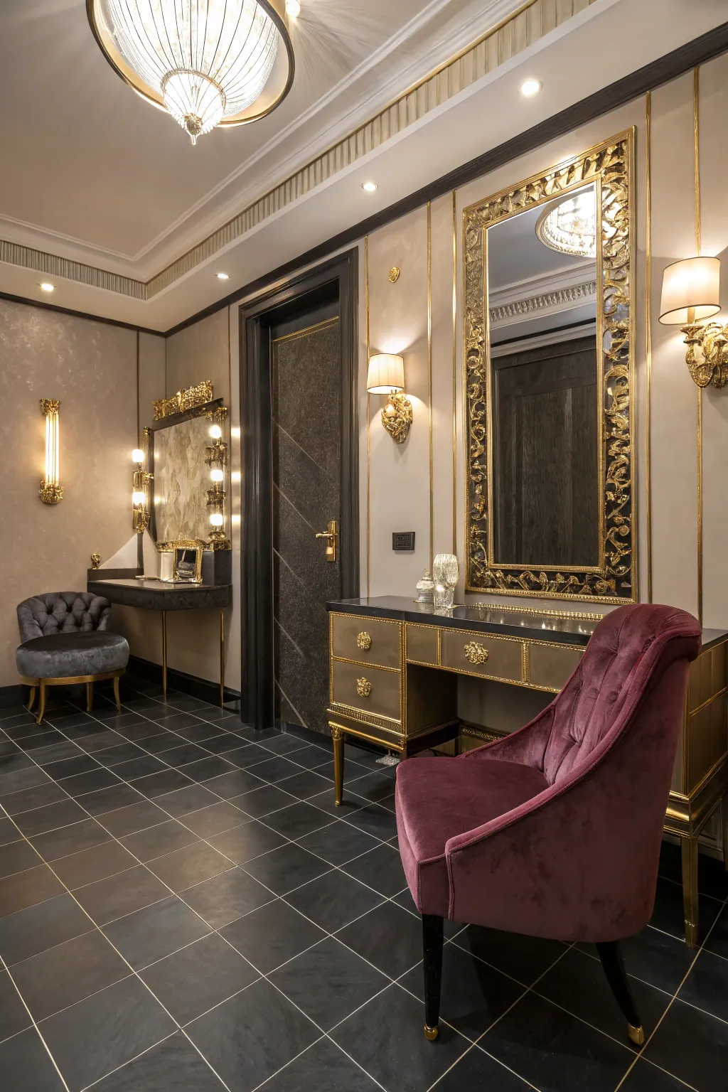 Luxury in every step with dark tile flooring.