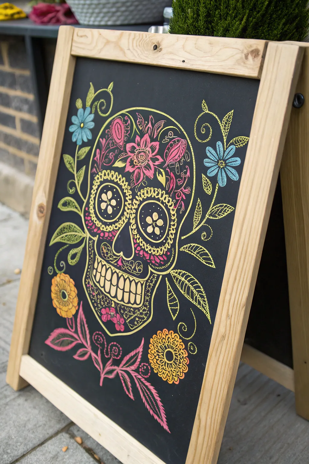 Embrace the ephemeral beauty of Day of the Dead with captivating chalkboard art that blends bold colors and minimalist elegance.