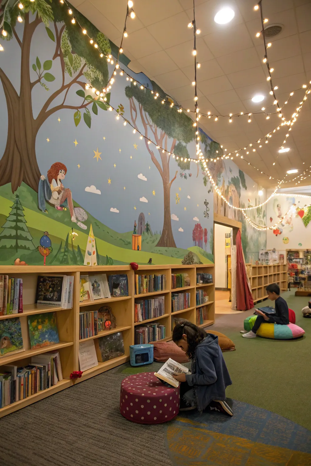Whimsical decor transforms the library into a magical realm.