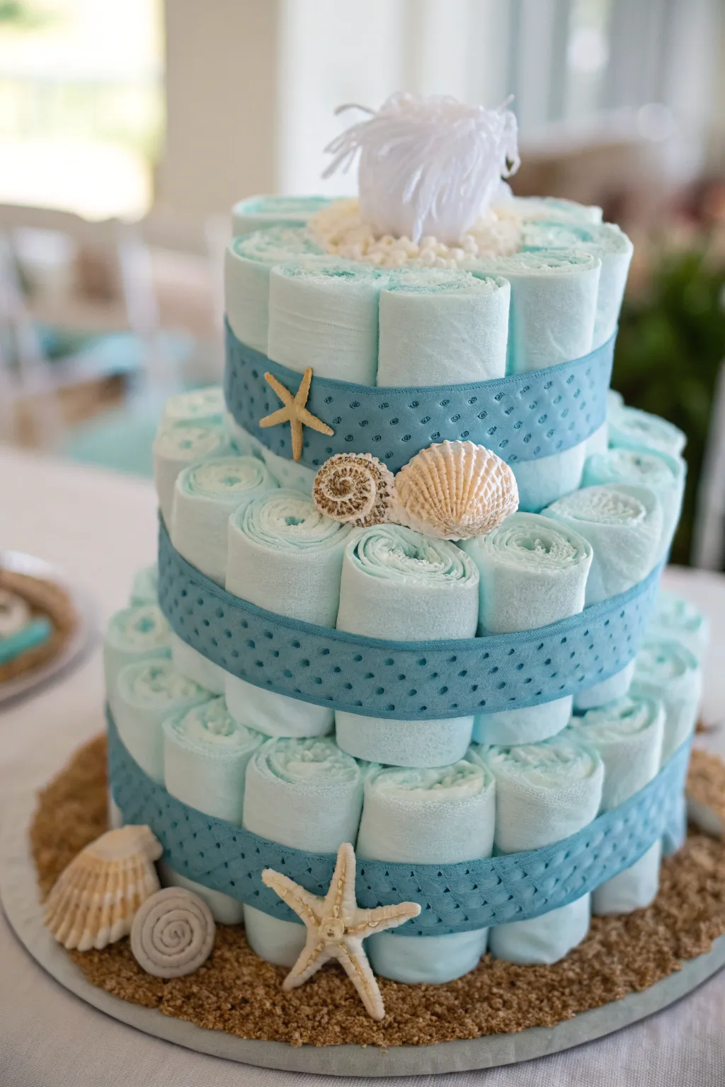 Dive into a serene 'Under the Sea Adventure' with this enchanting diaper cake, perfect for a touch of ocean magic!