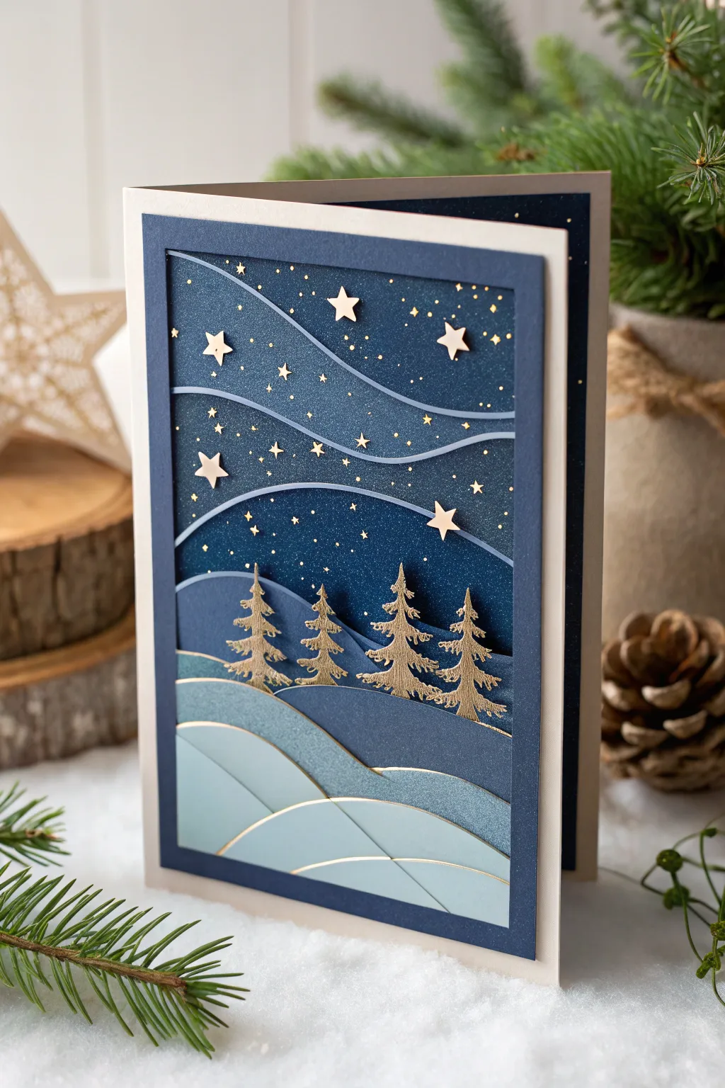 Sparkle in simplicity: A handcrafted starry night Christmas card that captures the magic of the season.