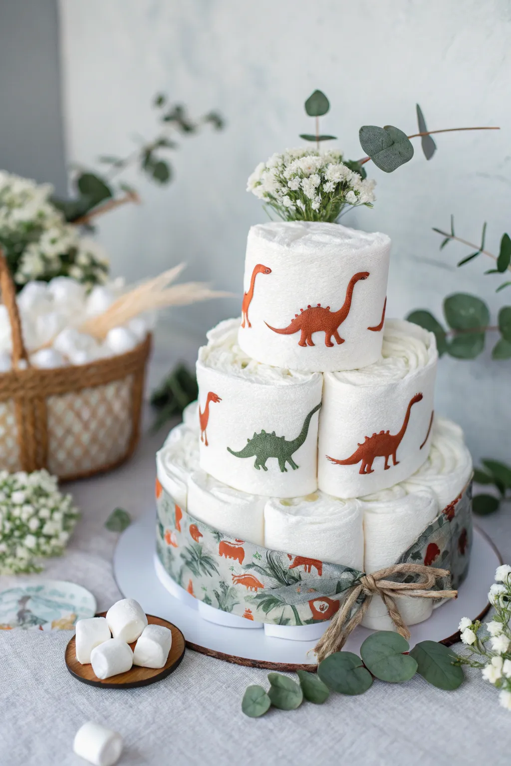 Whimsical footprints lead the way to a timeless celebration. Discover the charm of a dinosaur-themed diaper cake infused with minimalist elegance!