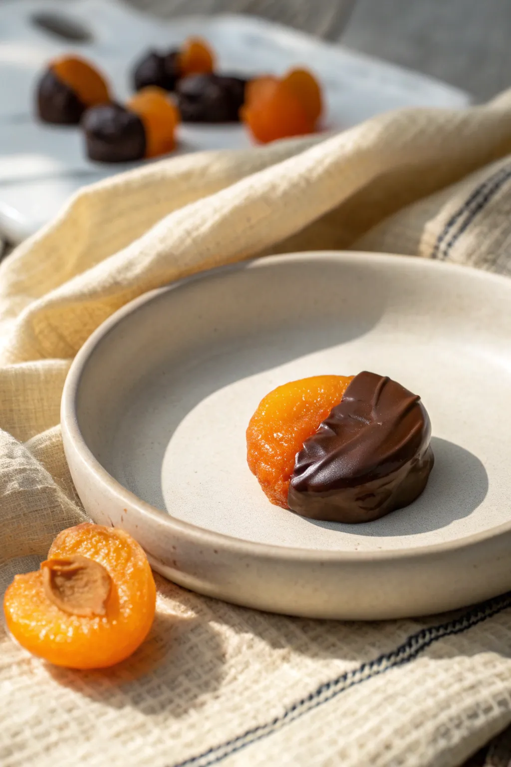 Indulge in the exquisite pairing of sweet dried apricots and decadent chocolate—simplicity meets elegance.