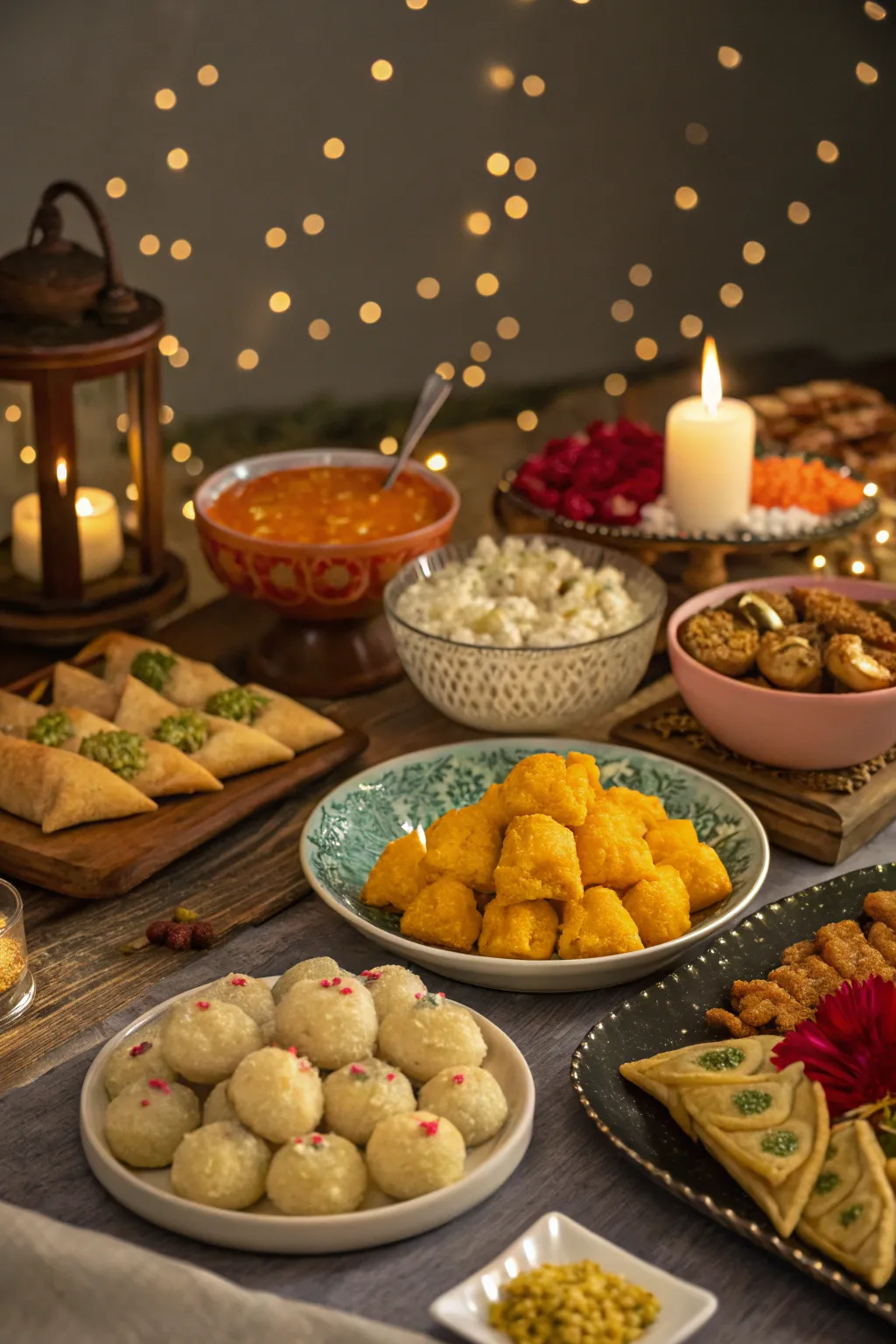 The Diwali feast is a visual and culinary delight perfect for photos.