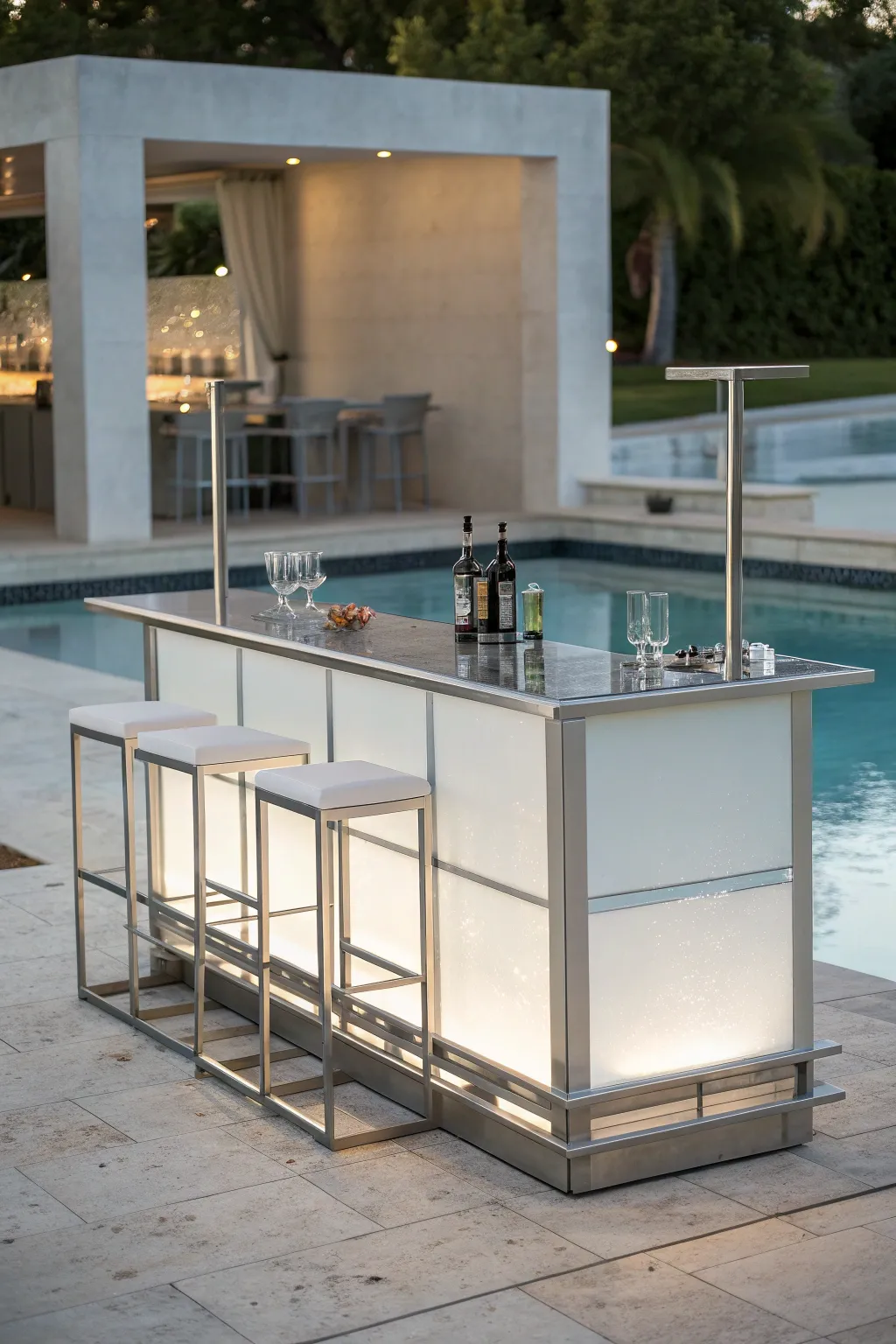 Elevate your poolside experience with a minimalist modern bar that epitomizes sleek sophistication.
