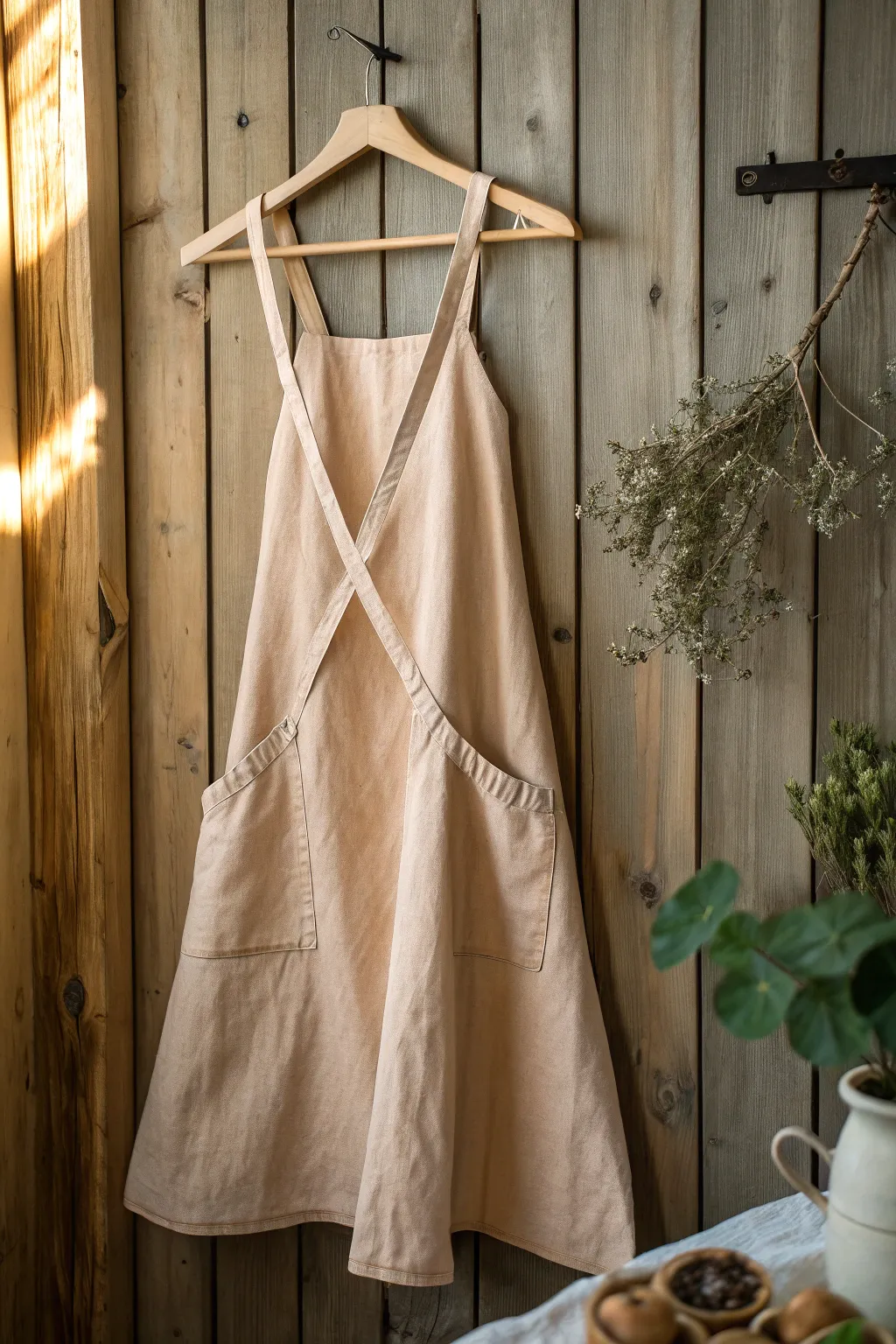 Embrace effortless style and functionality with this handcrafted linen cross-back apron, perfect for your creative adventures.