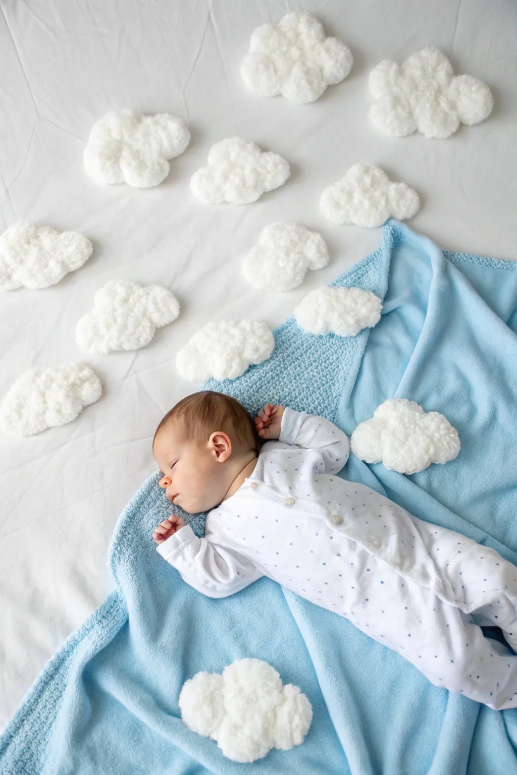 Float away on a dreamy cloudscape with your little one, where simplicity meets whimsy. #DIYBabyPhotoshoot #ScandiBoho