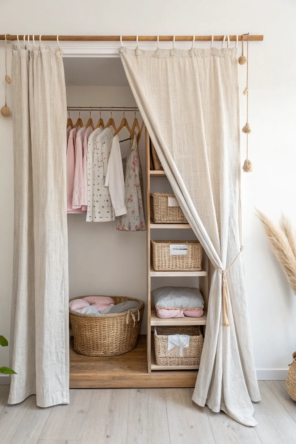 Transform your baby's closet with a charming fabric curtain for a touch of elegance and easy access.