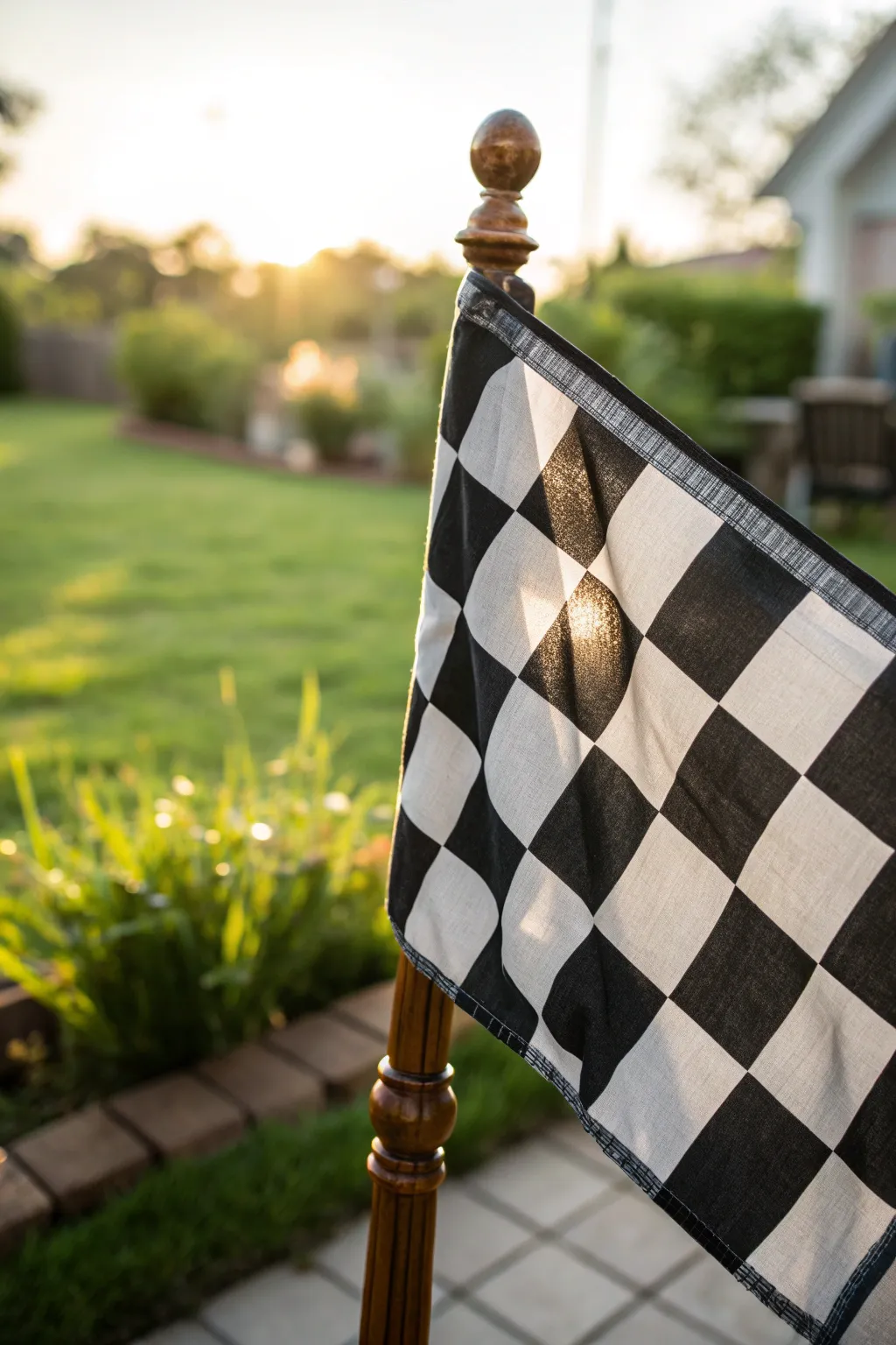 Elevate your backyard race track with a handcrafted checkered flag that captures the essence of race day.
