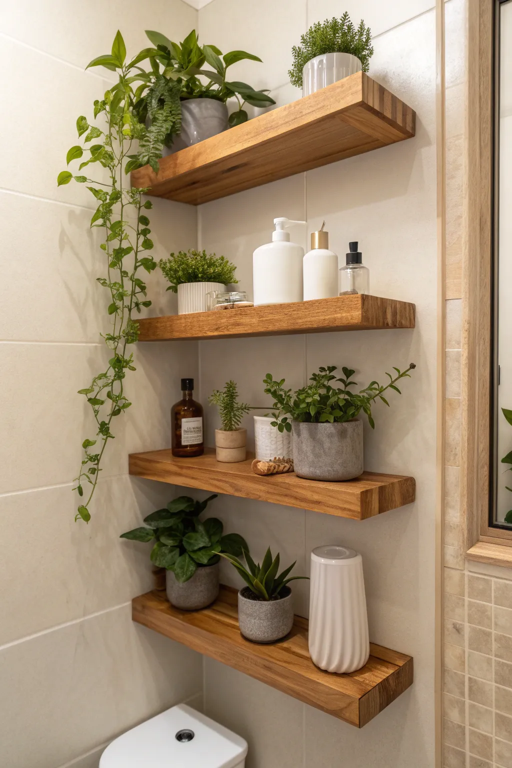 Elevate your bathroom's elegance with corner nook shelves that blend style and functionality. 🌿✨